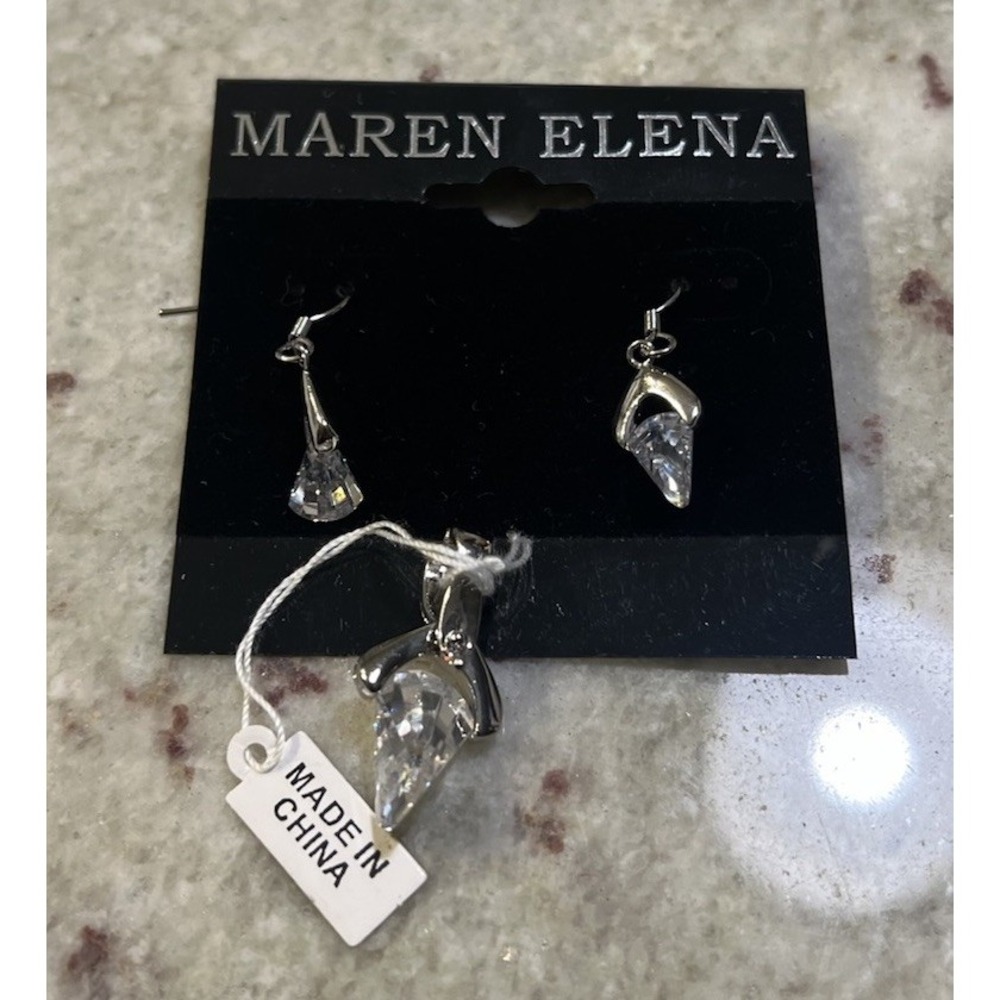 Maren Elena Crystal Silver Plated Jewelry Set Earrings & Necklace Charm